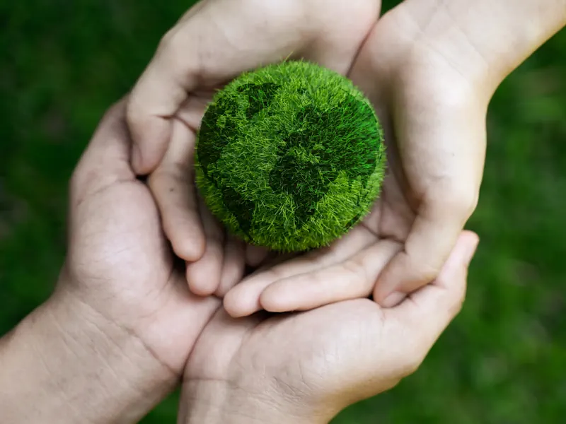 2 hands holding a greener and sustainable world